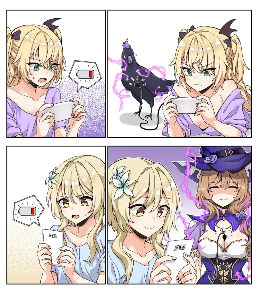 원신) 핸드폰을 충전하는 여행자와 피슬.manga